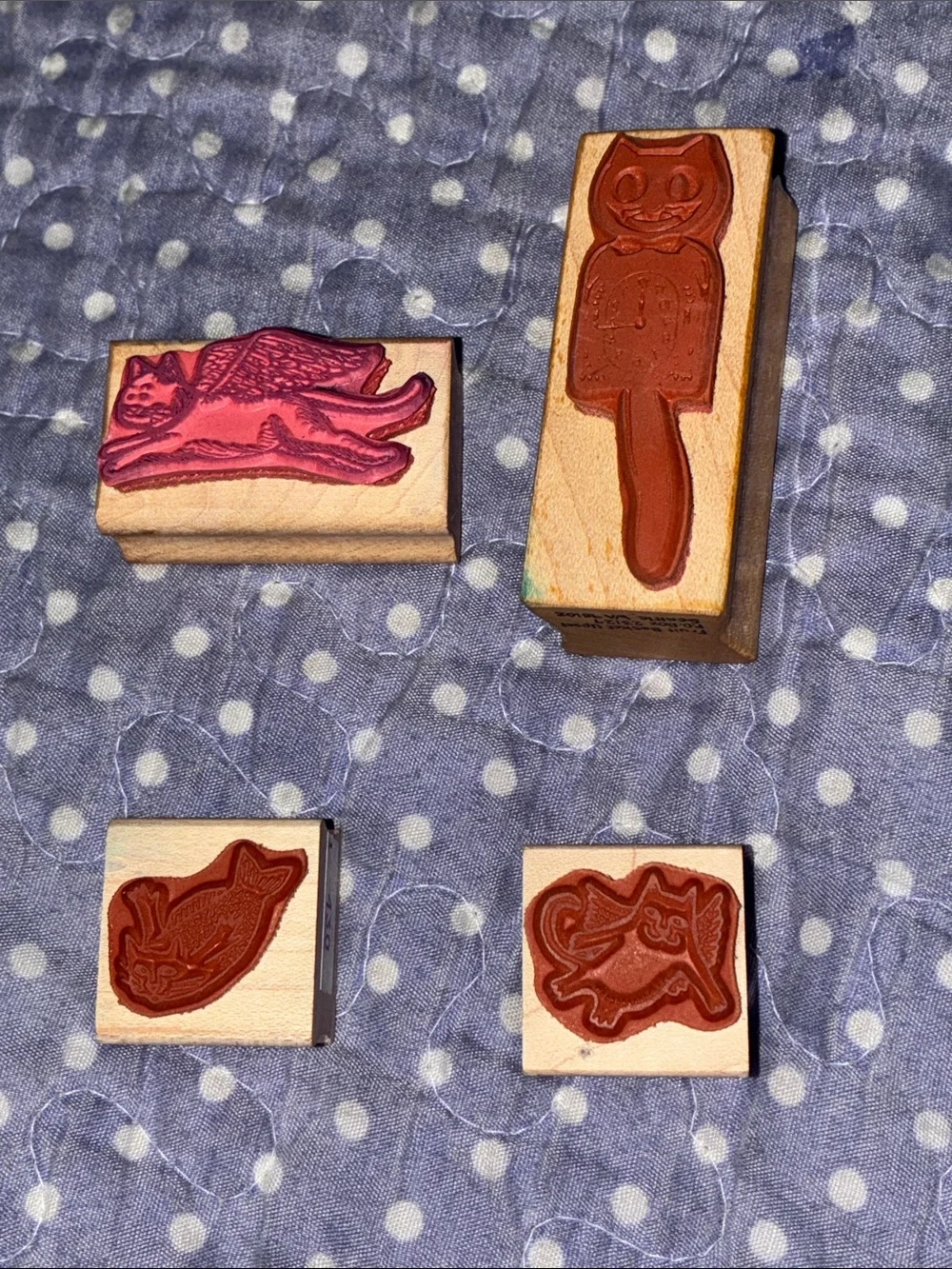 Wood Block Cat Stamps set of 4 - Claudia Rose, Stamp Happy, Fruit Basket Upset